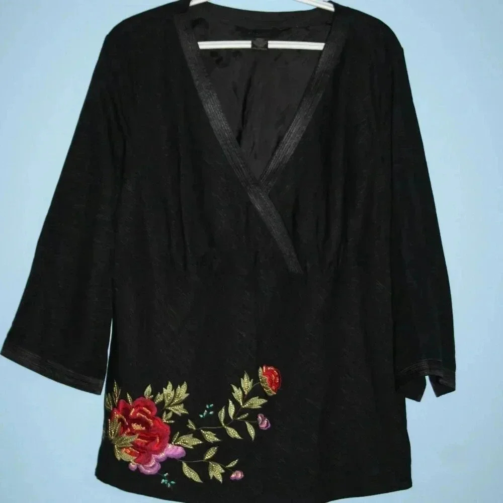 Silkland Woman - Black with Floral Embroidery 100% Silk Shell 1X Deep V-Neck